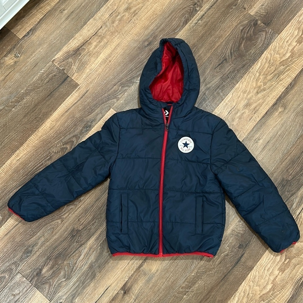 Converse All Star Boys Quilted Jacket S 8-10yrs Blue Hood Zipper Chuck Taylor